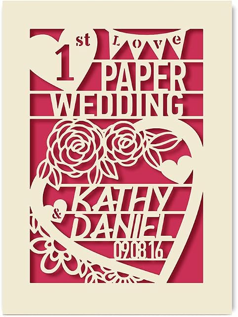 EDSG Personalised Wedding Anniversary Card | Laser Paper Cut Greeting Cards with Envelopes Customized Names and Date | Custom Gift Hand Finished in UK(Fuchsia)