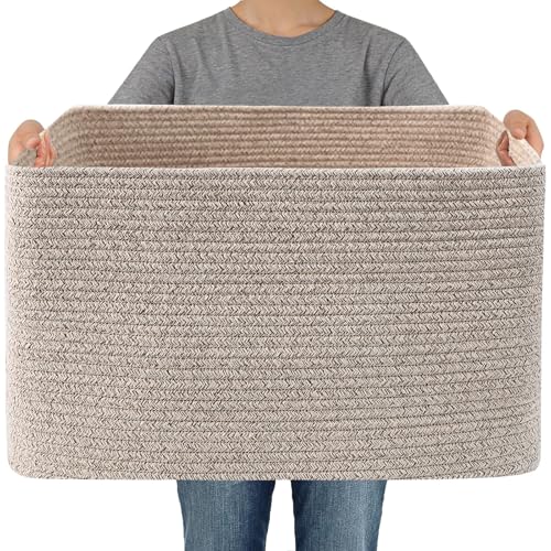 JMvicyroam Woven Blanket Basket 65L Large Storage Bin for Blankets Toys Clothes Decorative Rope Basket for Living Room Bedroom with Handles Oatmeal