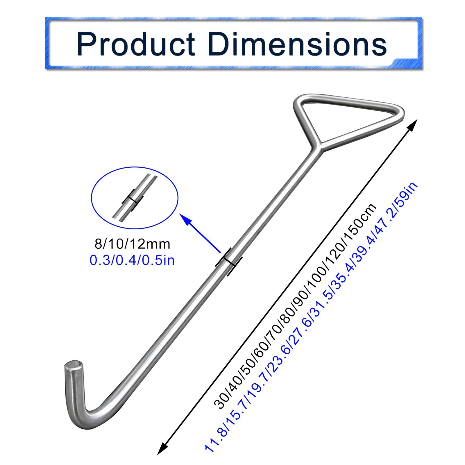Gancho de Boca de Acero Inoxidable con Bucle Triangular | Gancho de tracción de anillo triangular, herramienta de palanca multiusos para alcantarillas(10mm/0.4in Pointed,1.5m/59in)