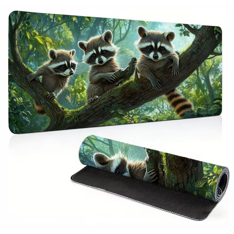 Tapis de bureau sous main XXL décor raton laveur pour espace de travail et gaming