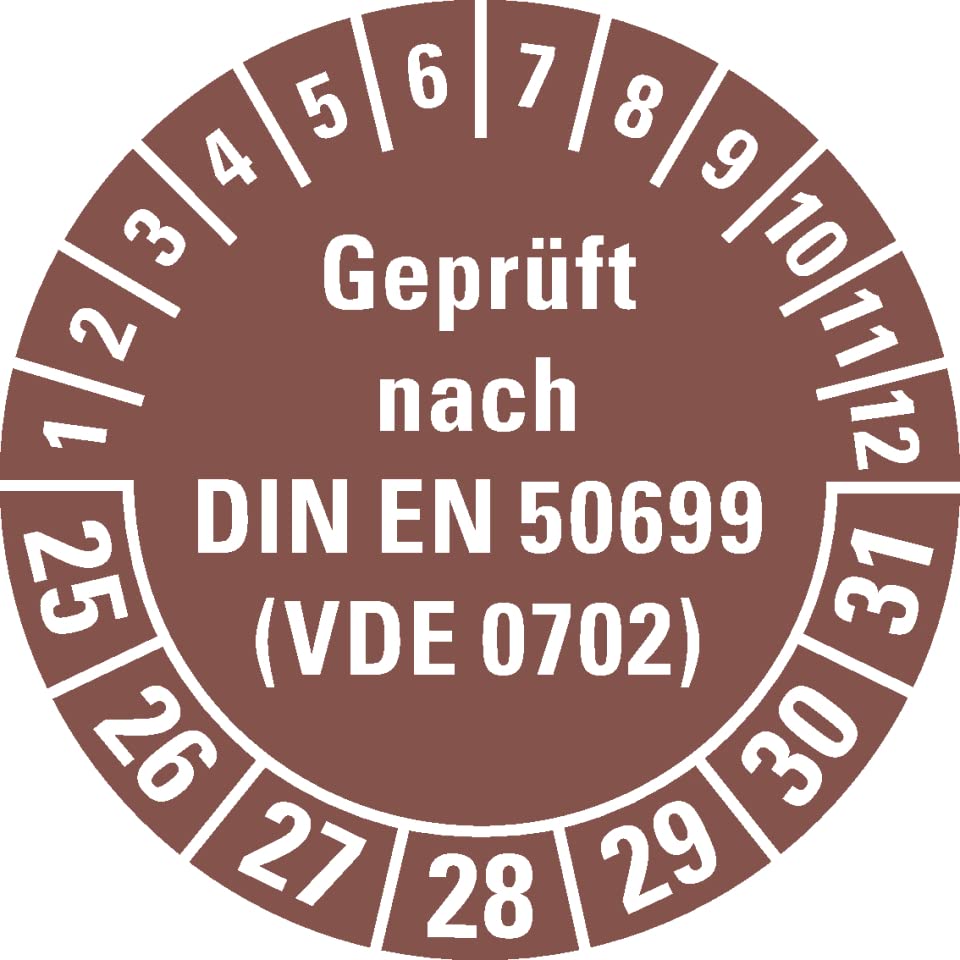 Dreifke® Prüfplakette geprüft nach DIN EN 50699(VDE 0702) 25-31, braun, Dokumentenfolie, Ø 30mm, 500/Roll