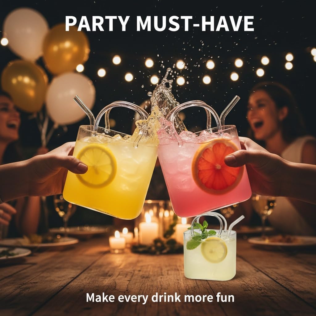 Glass Purse for Drinks, Unique Handbag-Shaped Purse Glasses, Creative Bag Shape Drinking Cup with Glass Straw, Cocktail Wine Glasses Vase for Juice Tea Flowers Home Bar Party Decor