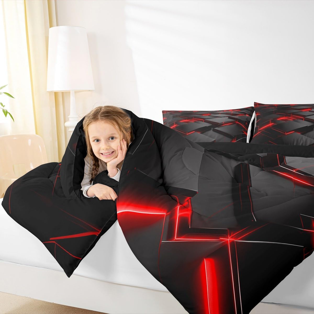 Feelyou Red and Black Duvet Quilt Twin Size Geometric Bedding Set for Boys Girls ChildrenHoneycomb Modern Comforter Set Room Decor 2Pcs
