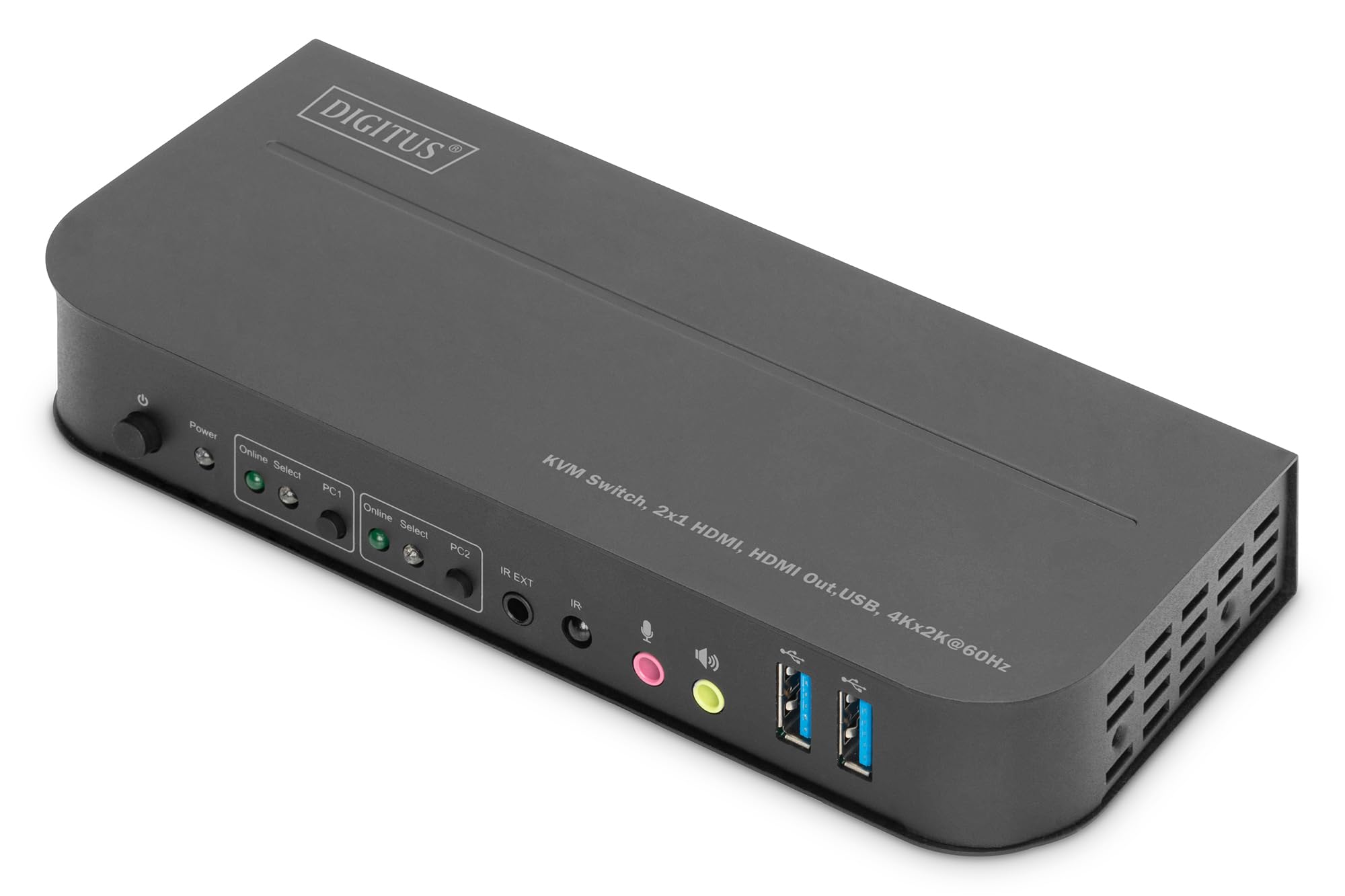 DIGITUS Commutateur KVM HDMI – 2 ports, affichage unique – 2 PC, 1 moniteur – 1 souris, clavier et audio pour 2 ordinateurs – UHD 4K 60Hz (4096 x 2160p) – 2 hubs USB 3.0 – Noir