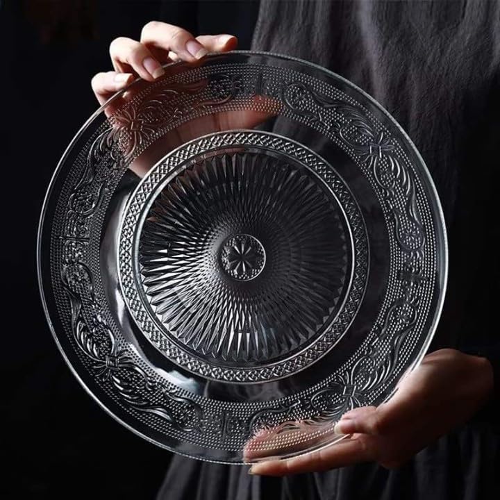 Image of Plate Set Flower Decorative Small Size Crystal Clear Glass Plate- Dry Fruits Sweets Chocolate Snack Plate for Dining,Catering Event, Dinner Parties,Wedding Dinner Plate (Pack of 1,10 inch)