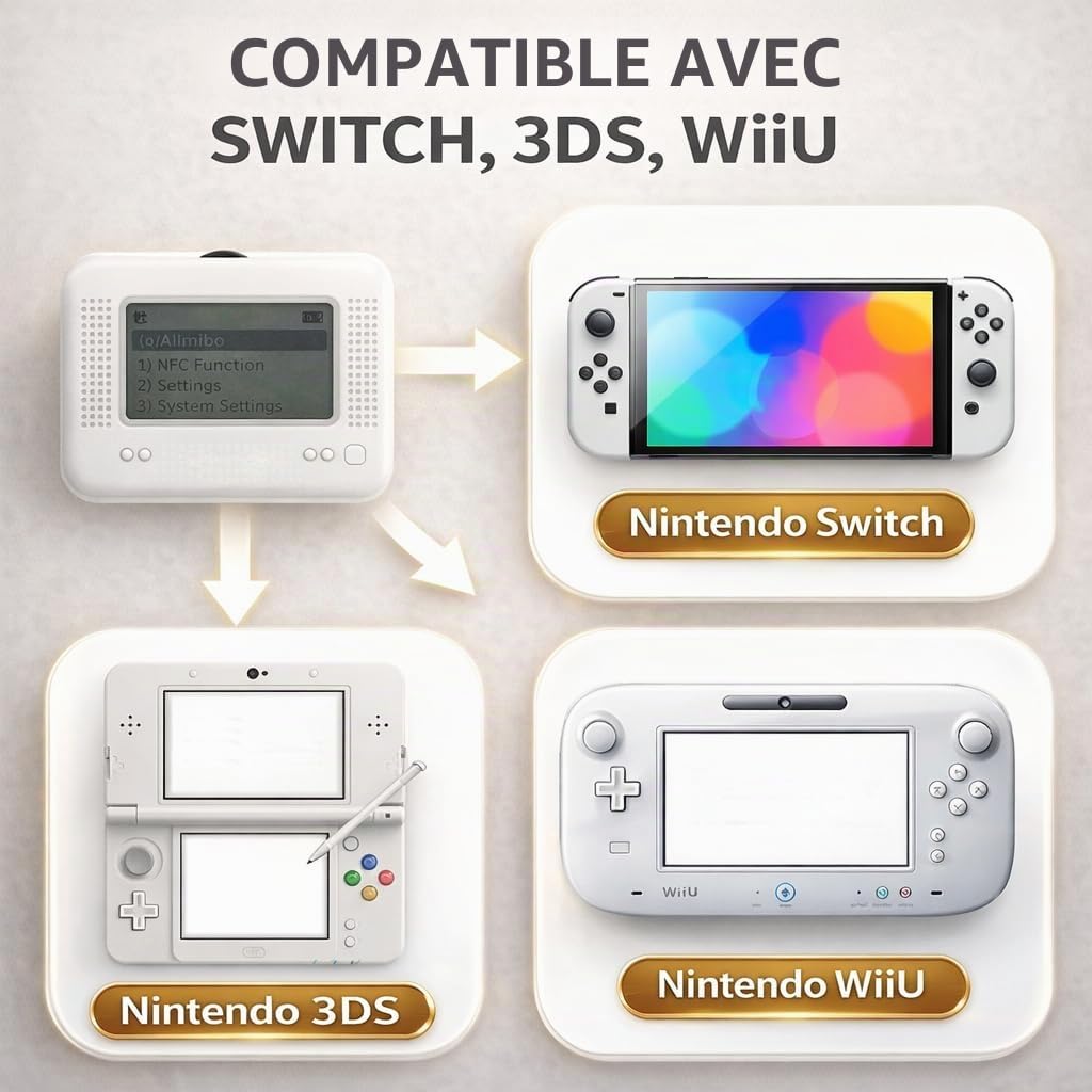 Allmiibo Émulateur NFC intelligent pour Nintendo Switch et 3DS avec écran OLED de 1,2", stockage NFC 3000, support de jeu 50+, rechargeable