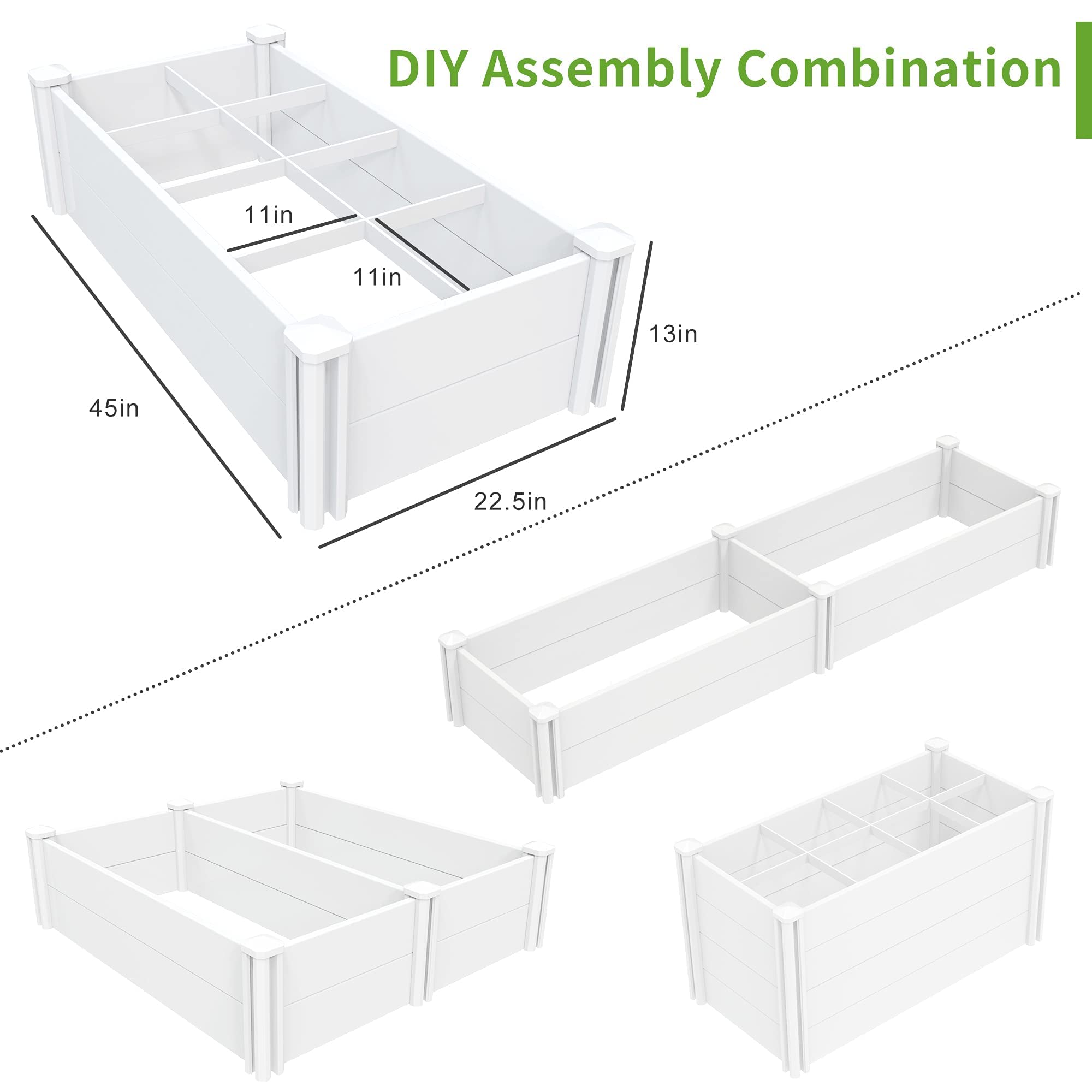 Qikdesign Raised Garden Bed Kit - 45"L X 22.5"W X 13.3"H, White Vinyl, Easy Assembly, With Grow Grid & Open Bottom