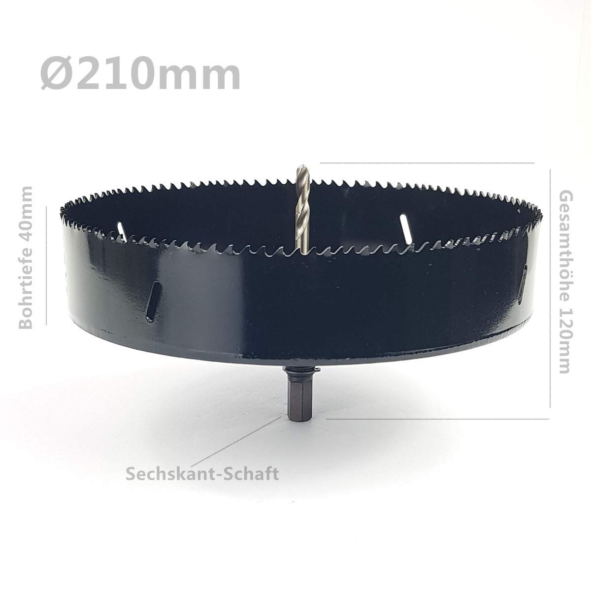 Sierra de corona de 210 mm de diámetro con adaptador hexagonal HSS-Bi-Metall broca de perforación corona de 40 mm para aluminio, madera, hierro fundido, latón, yeso, etc.