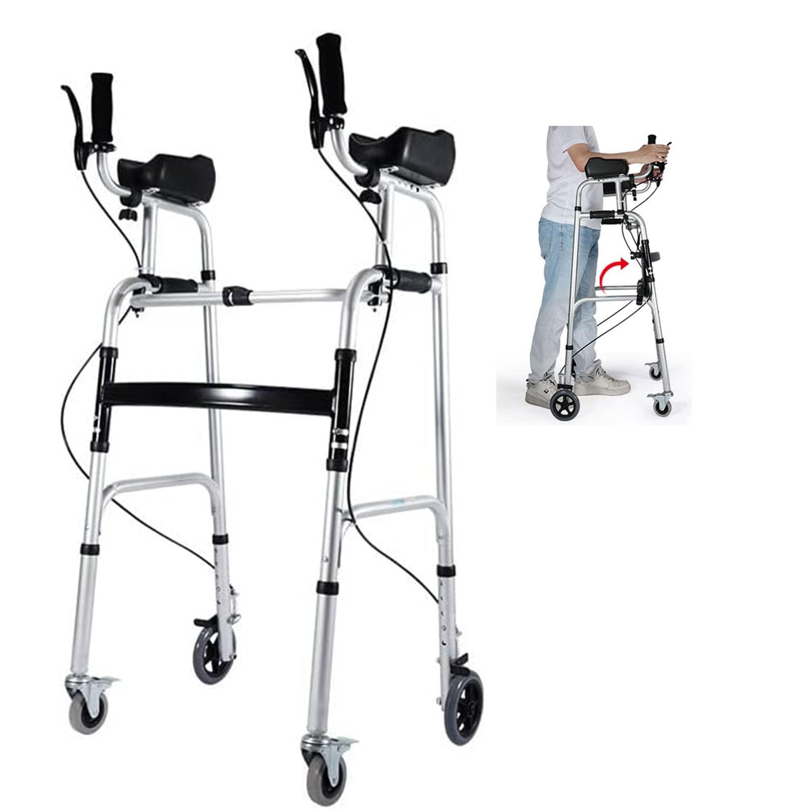 LoJax Andadores para Personas Mayores, Andador Estándar Plegable con 4 Ruedas Y Reposabrazos Extraíbles, Andador Auxiliar De Rehabilitación De Aleación De Aluminio