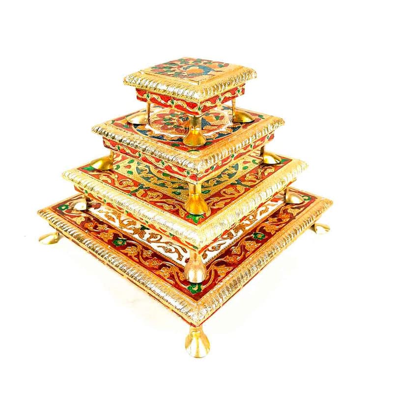 Apka Mart The Online ShopChowki Set of 4 for Pooja| Decorative Bajot| Pooja Stool - (4x6x8x10 | Multicolored) for Pooja & Home décor