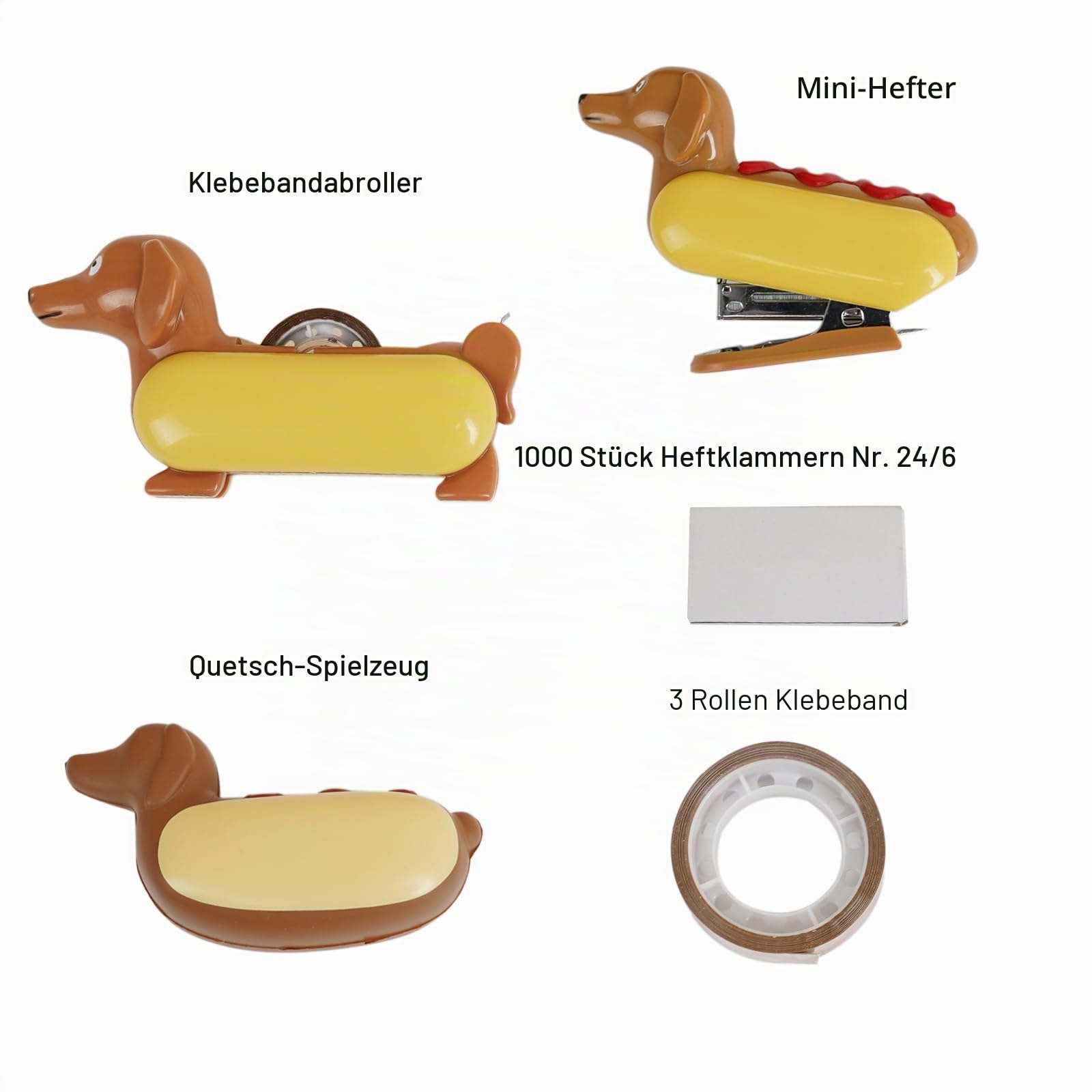 Yobro Schreibtisch Heftgerät Set, Bürobedarf Kit mit Klebebandspender & Mini Heftgerät, Miniatur Dackel Hot Dog Design mit Quetschspielzeug.