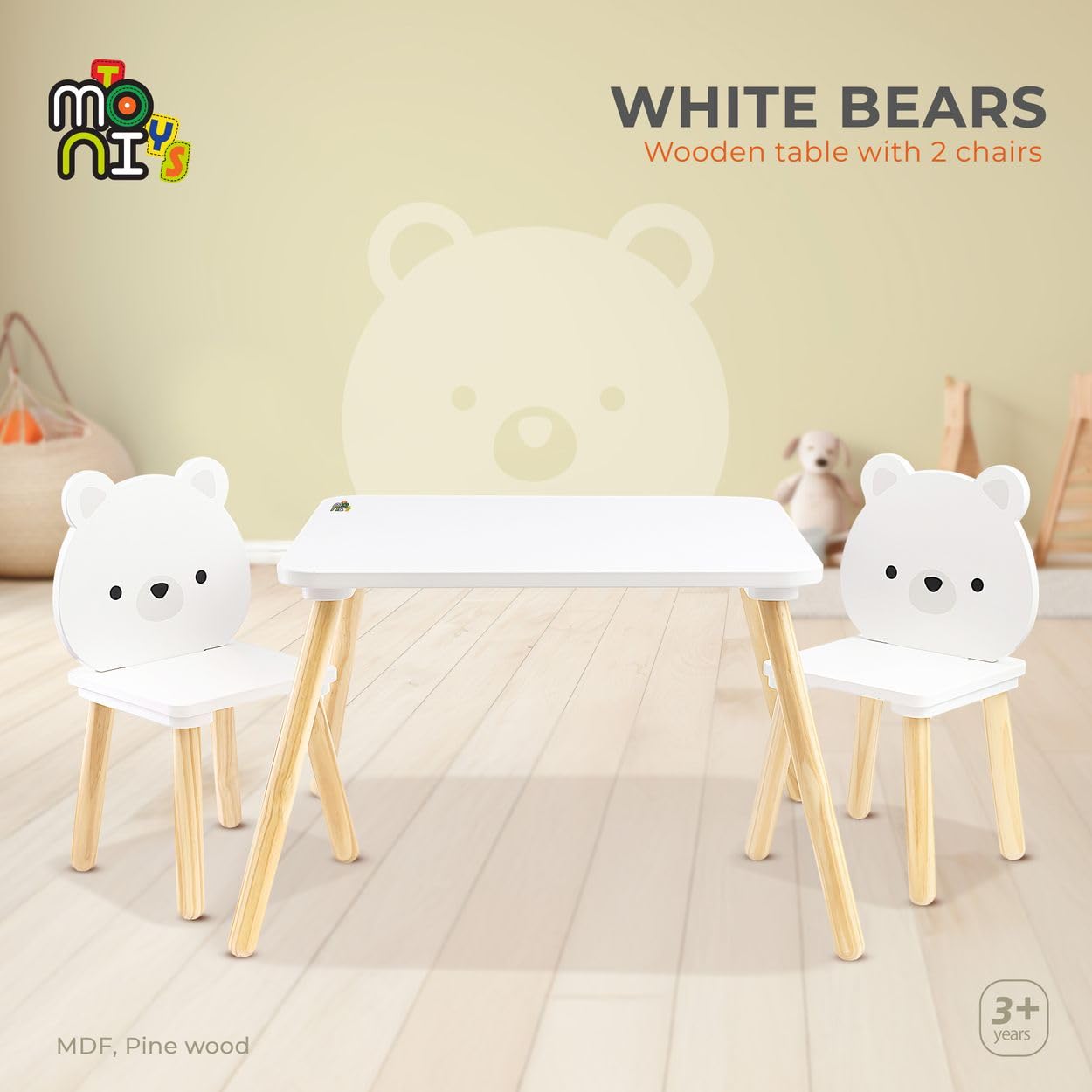 Moni Kinder Tischset 2 Stühle weiße Bären Holz, Spieltisch, Kinderzimmermöbel weiß