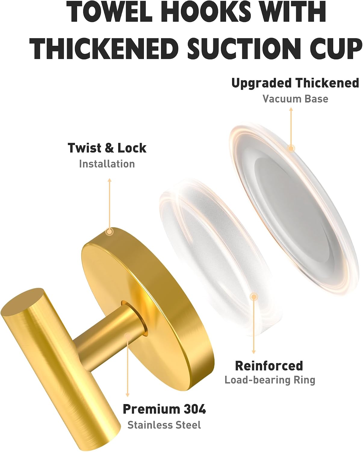 MOTAIPEAK Suction Cup Hooks for Shower, Shower Hooks for Inside Shower, No Drill Towel Hooks for Bathroom, Removable Suction Hooks for Glass, Mirror, Tile, Waterproof, Rustproof – Gold (4 Pack)