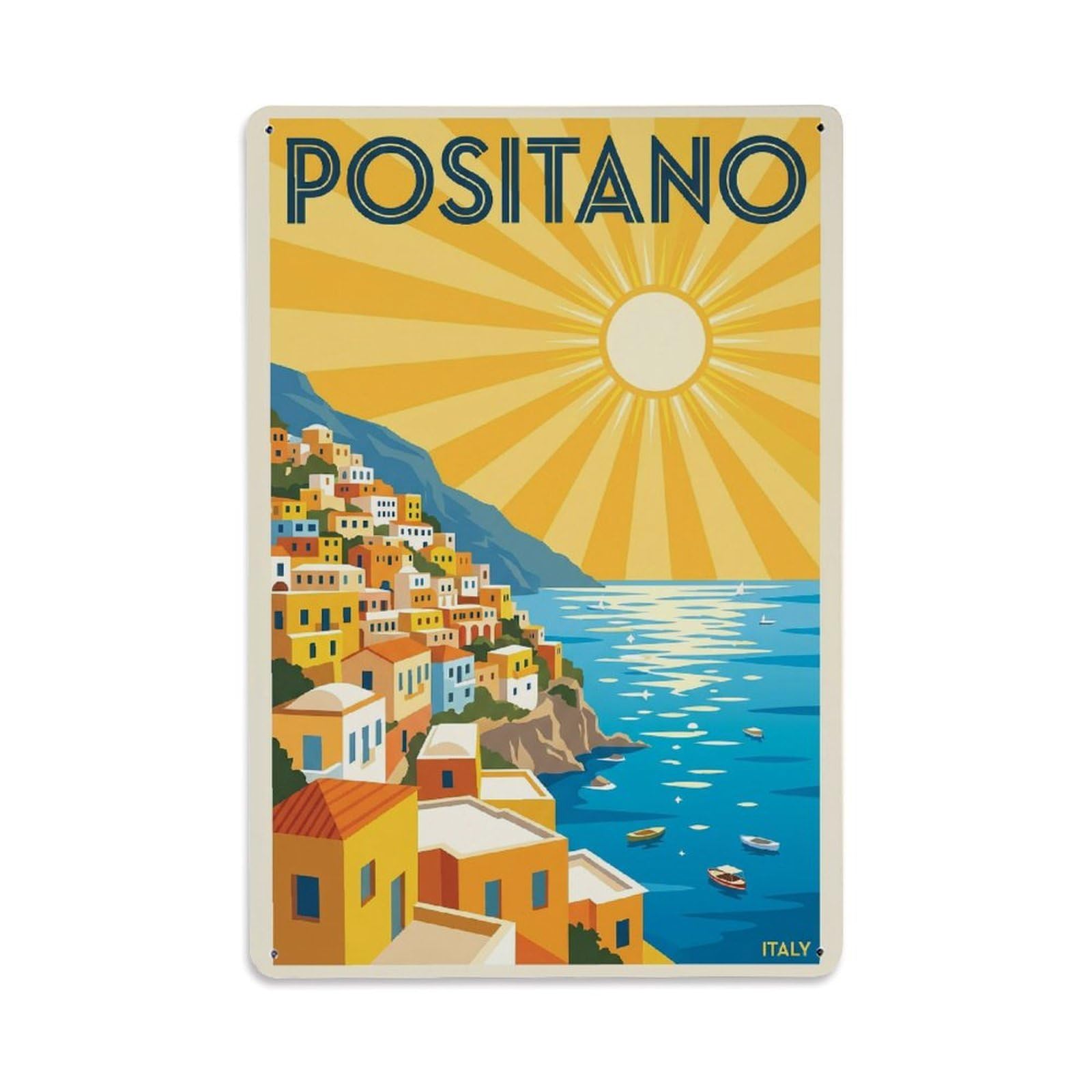 Vintage Travel Positano Italy Sunny Metal Tin Sign Plaque Wall Decor for Cafe, Club Bar, Office, Garden Metal Poster 8x12Inch