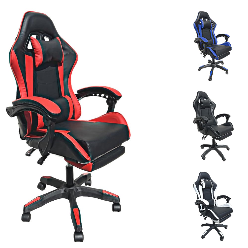 Sedia Gaming Ergonomica Reclinabile fino a 135°, con Poggiapiedi, Supporto Lombare e Poggiatesta, Rotazione 360°, Pistone a Gas, Pelle Sintetica Nera – Sedia Gaming Rosso/Nera
