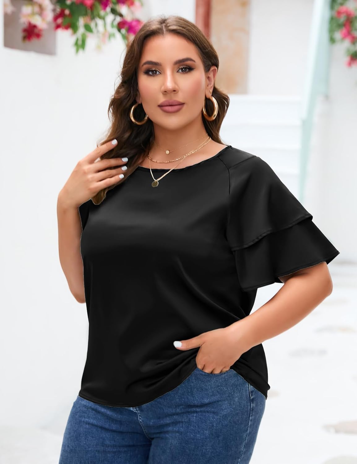 ZOMVA Women's 2024 Plus Size Satin Blouse Short Ruffle Sleeves Silk Top Dressy Shirt Office Elegant - Image 2