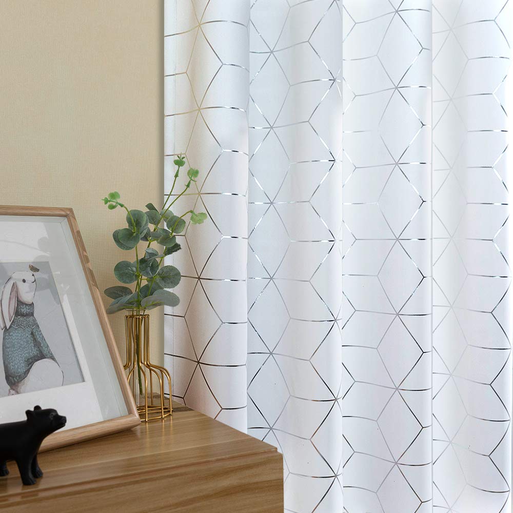 Topick White Curtains 63 Inch Length 2 Panels Set Geometric Diamond Silver Foil Print Living Room Bedroom Window Drapes Thermal Insulated Light Filtering Window Treatments Grommet Curtains