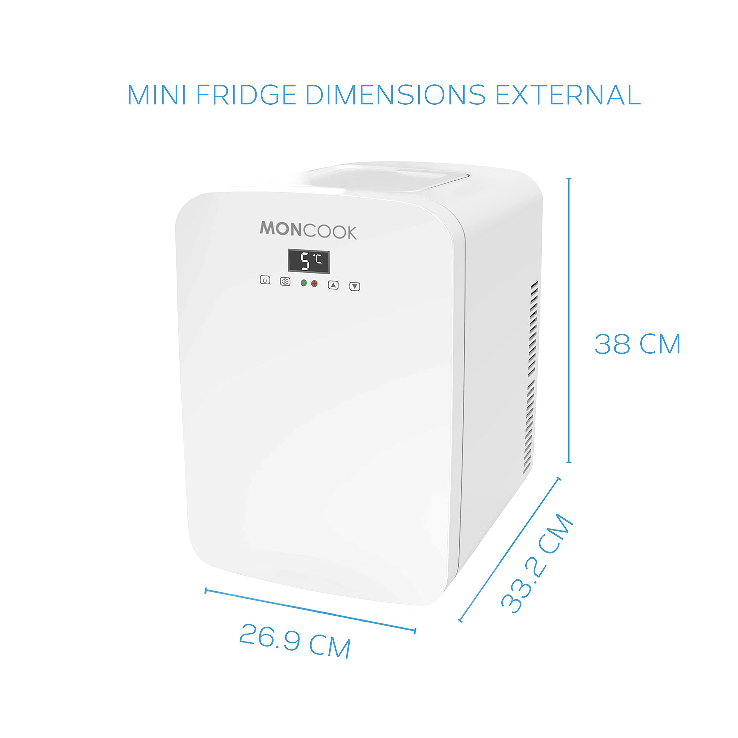 MONCOOK Mini Fridge For Bedrooms - Digital LED Display - Glass Door Mini Fridge For Skincare, Food & Drinks - Cooling & Warming Function - Perfect For Home, Office, Car Or Travel - 15L White