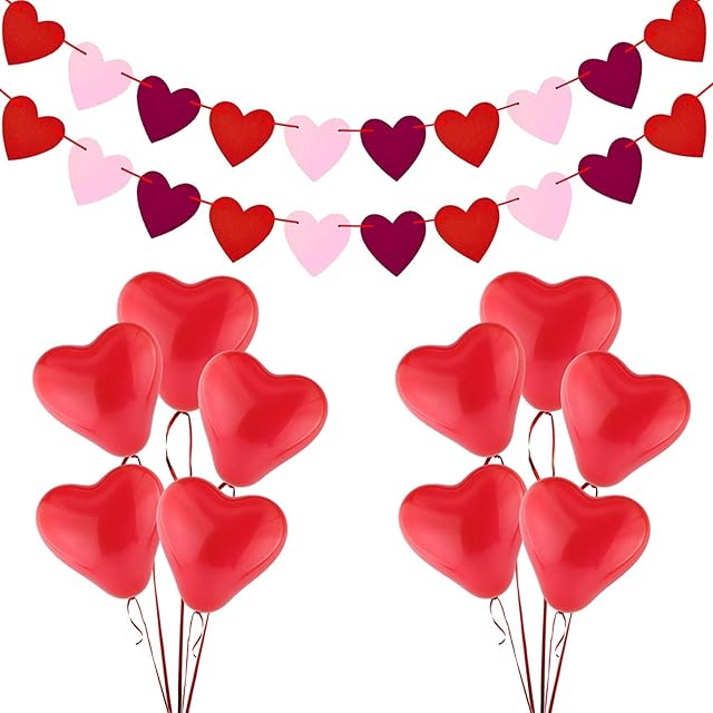 Valentines Decorations 10Pcs Red Heart Balloons 2 Pack Felt Heart Banner Garland for Valentines Day Wedding Engagement Anniversary Party Romantic Decorations