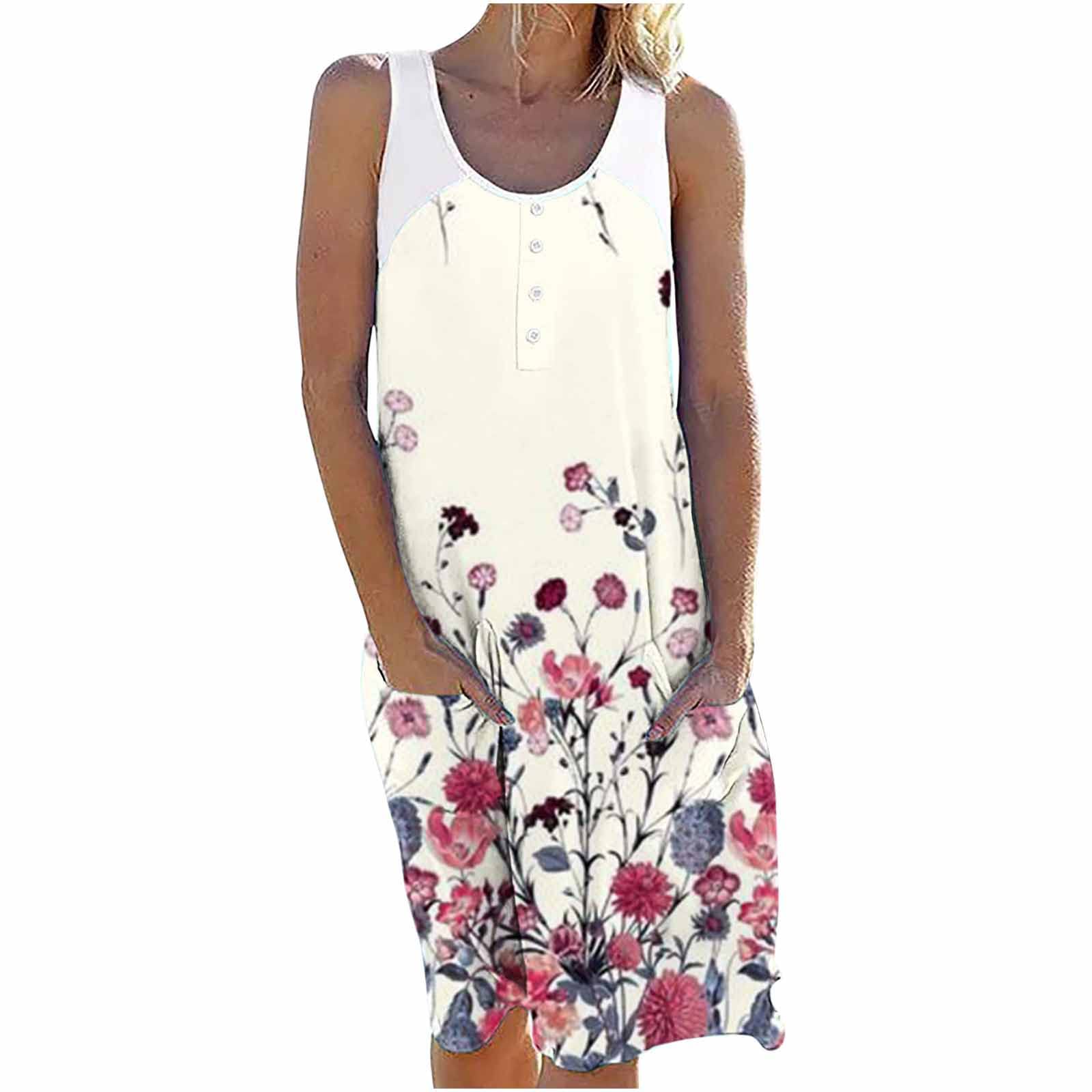 AMhomelyWomen Dresses Sale Clearance Ladies Casual Summer Tank Sleeveless Knee Length Pleated Sun Dresses With Poket Print Dress Cocktail Holiday Dress Work Dress Evening Gowns Halloween Dress UK Size
