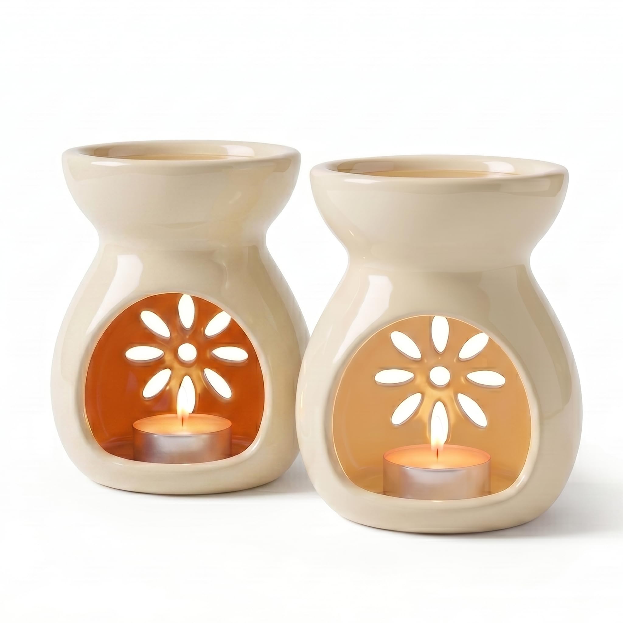 Hearthease Ceramic Tea Light Oil Diffuser for Home Fragrance – Warm Cream Glossy Aroma Burner – Non Electric Candle Holder for Home Décor, Bedroom, Living Room & Puja Room (Pack of 2)