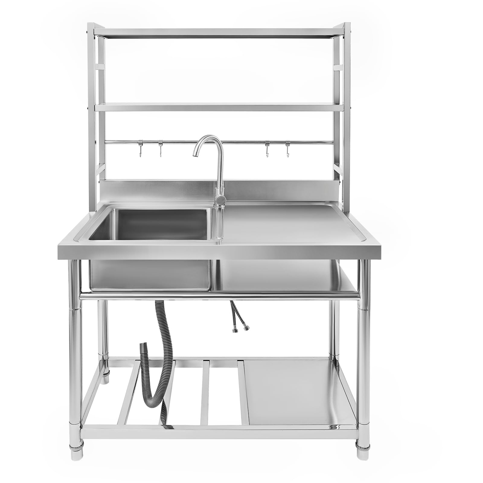 Évier de cuisine sur pied en acier inoxydable avec robinet et 4 crochets, 1 bac, pour cuisine, jardin, extérieur, atelier, buanderie (gauche)