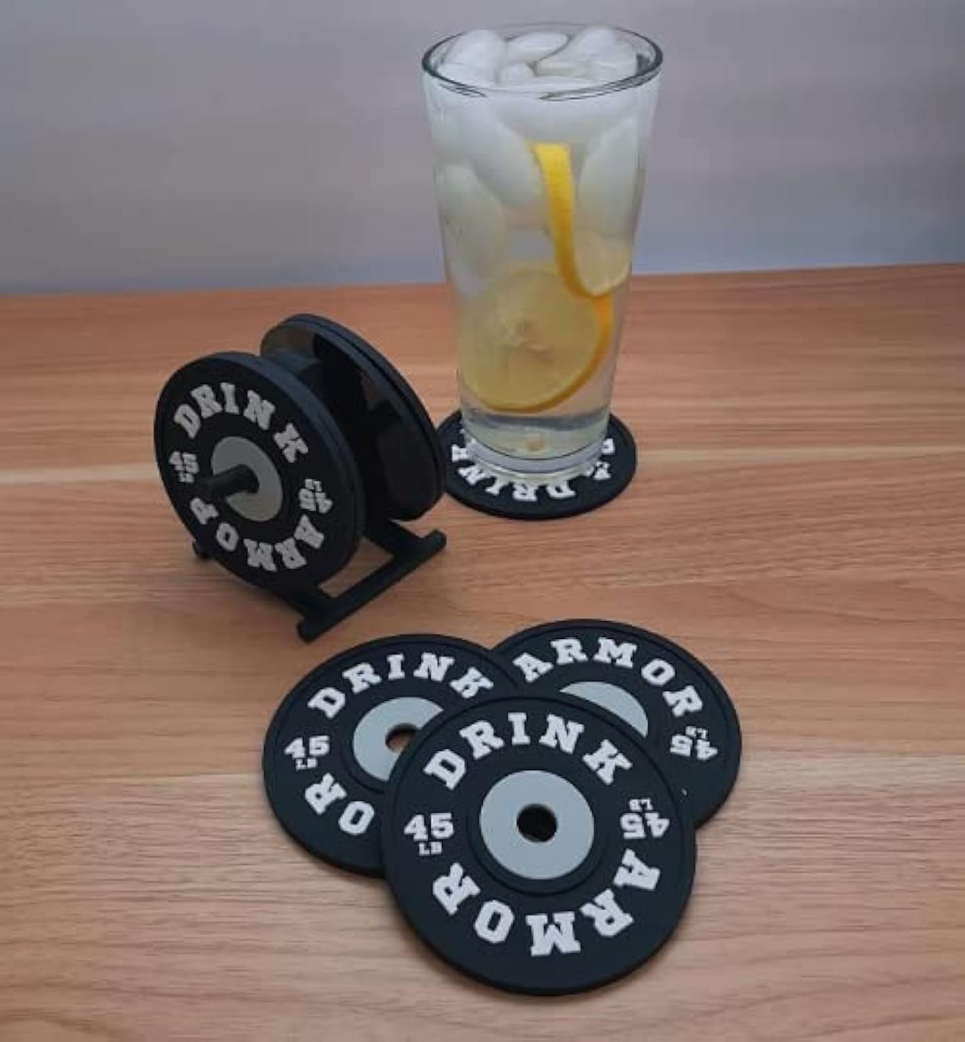 Drink Armor Weight Plate Coaster Set with Rack Holder — Black — Non-Slip Silicone Material — Fun Gym Bumper Plate Design — Drink Coasters for Athletes and Gym Lovers — Birthday, Powerlifting Gifts