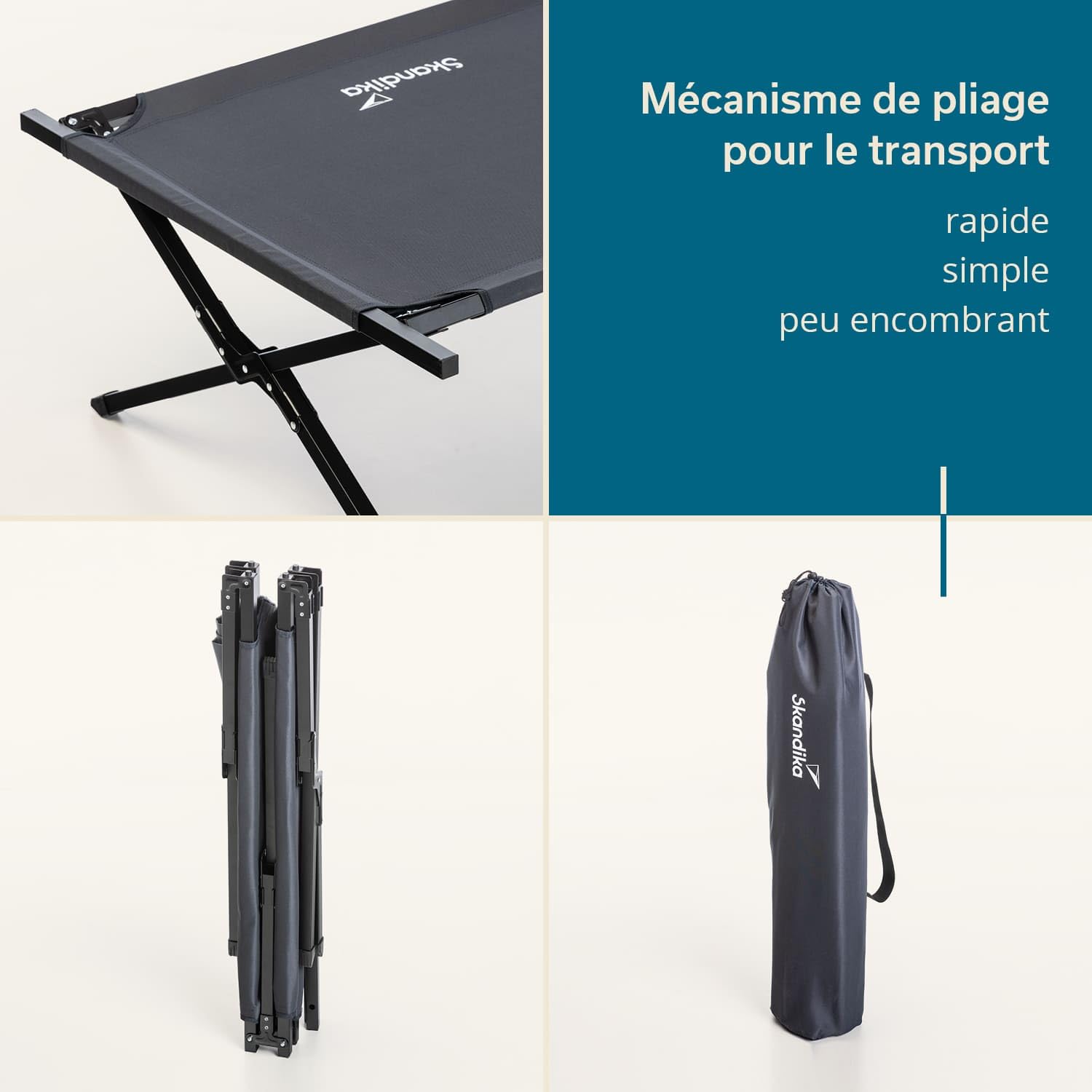 Skandika Lit de Camp Mutenia | Lit d’appoint Pliable avec Poche de Rangement, Max. 200 kg, 210 x 75 cm, Pieds antidérapants, Sac de Transport | Lit de Camp extérieur, Camping, Plage, Jardin