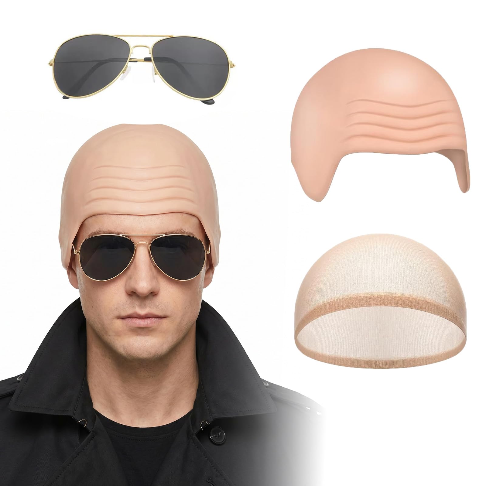 Uvwxba Bald Cap Fancy Dress Costume Kit Adults Mr Worldwide Accessory Set Unisex Latex Aviator Sunglasses & Stretch Wig Cap Adult Cosplay Accessories for Halloween Carnival Hen Night Party