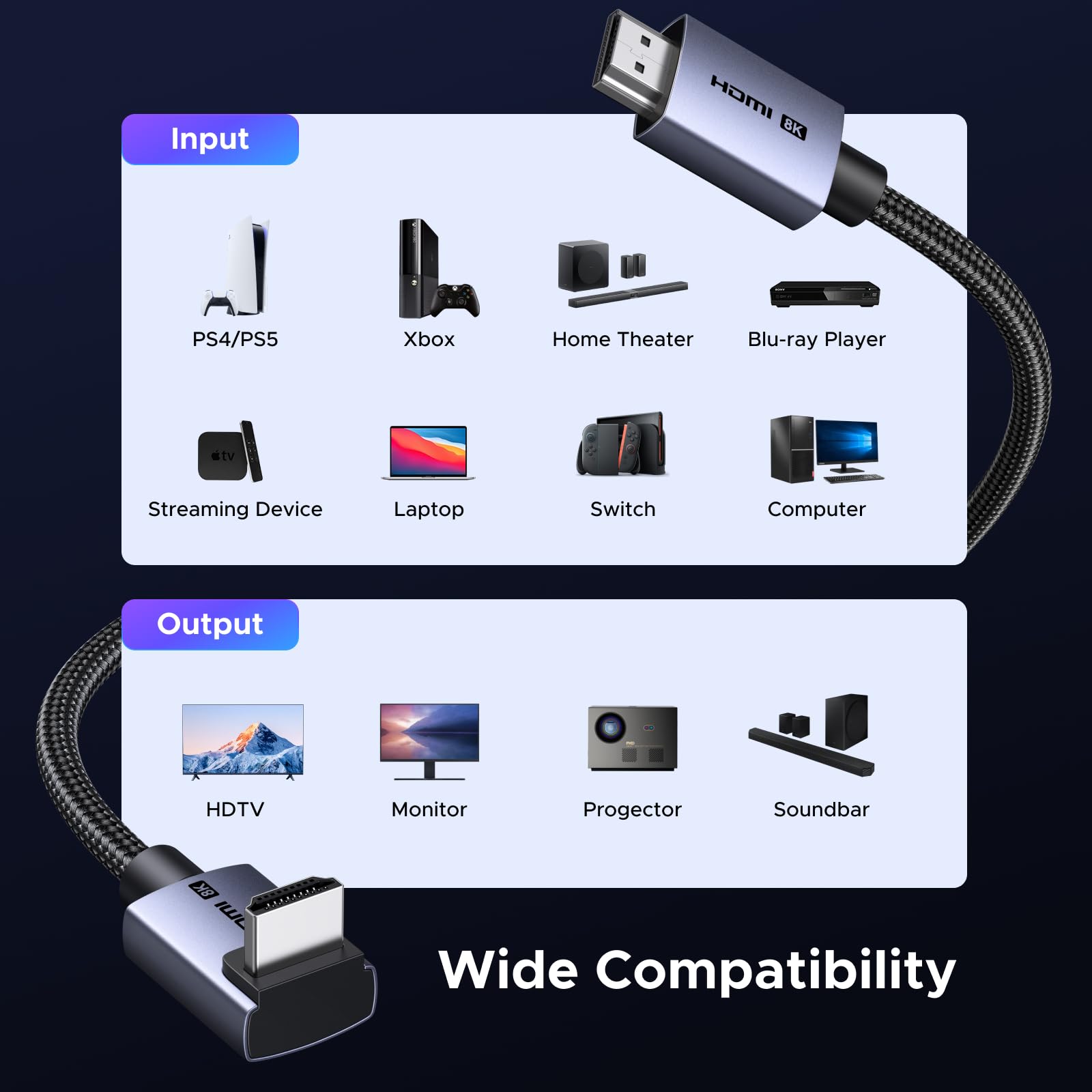 UGREEN 8K Câble HDMI 2.1 Coudé 90° 10K 8K 60Hz 4K 240Hz Haute Vitesse 48Gbps Cordon HDMI Aluminium Dynamic HDR Dolby Atmos HDCP Tressé en Nylon Compatible avec PS5 4 Xbox MacBook Pro Blu Ray HDTV (2M)