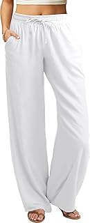 Women's Summer Casual Pants Loose Fit Beach Pants High Waist Drawstring Wide Straight Leg Palazzo Trousers Pockets