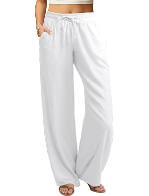 keriffe Womens Summer Casual Pants Loose Fit Beach Pants High Waist Drawstring Wide Straight Leg Palazzo Trousers Pockets