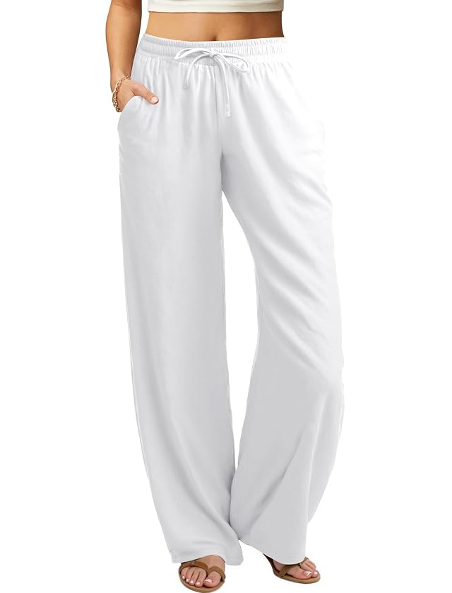 keriffe Womens Summer Casual Pants Loose Fit Beach Pants High Waist Drawstring Wide Straight Leg Palazzo Trousers Pockets