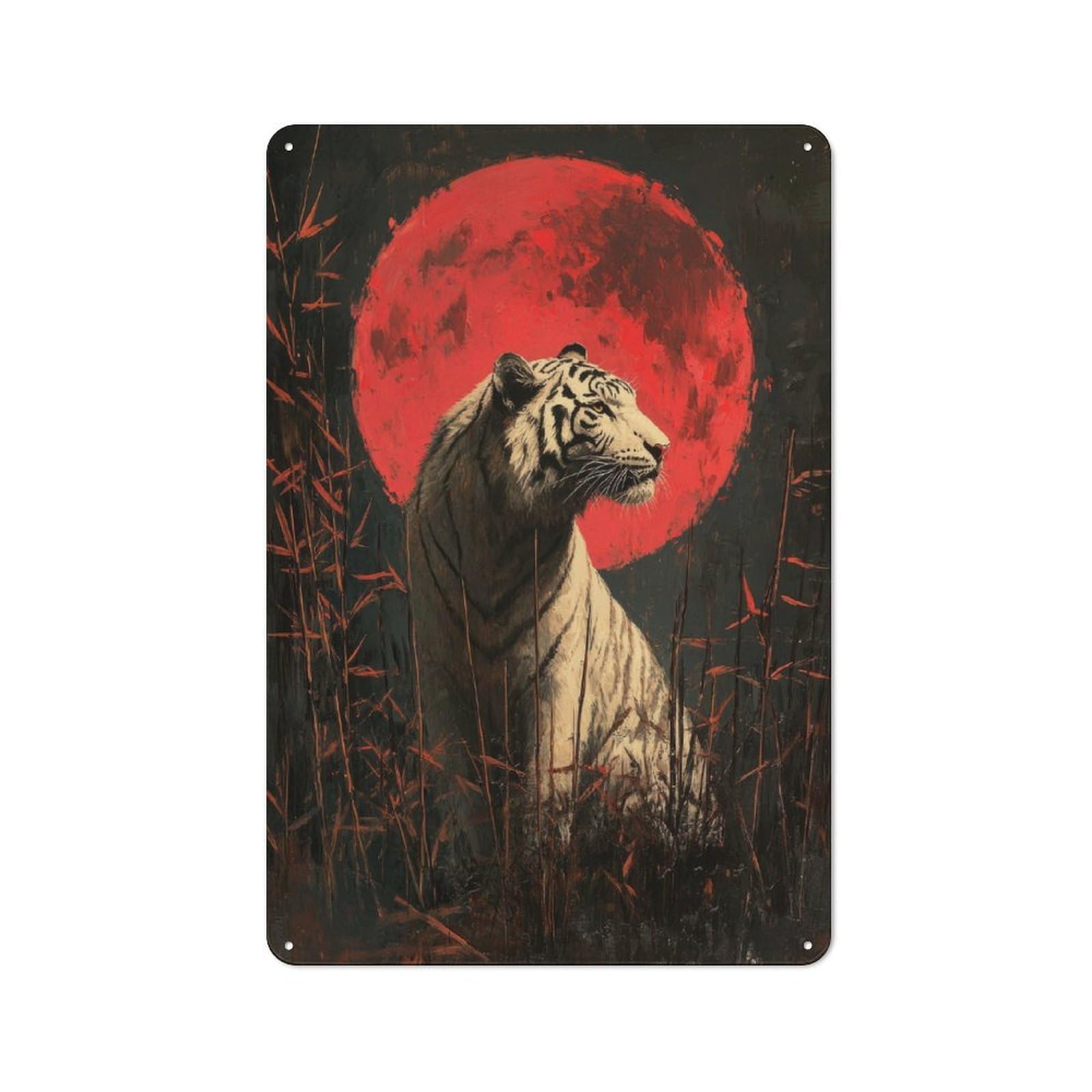 Junmoney Style Tin Wall Plaque 30X20cm With White Tiger Under Blood Moon For Guest Room Or Hallway, For Garage, Workshop And Man Cave Decoration