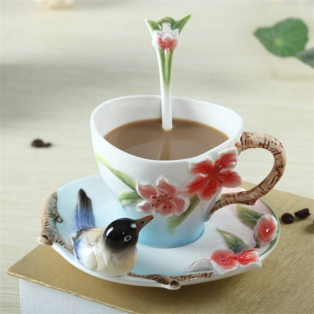 Tazza da caffè Set Tazza da caffè con piattino in Ceramica Smaltata Dipinta a Mano per tè pomeridiano Set da tè per Ragazza Tazza a Cuore (A Come da Esposizione)