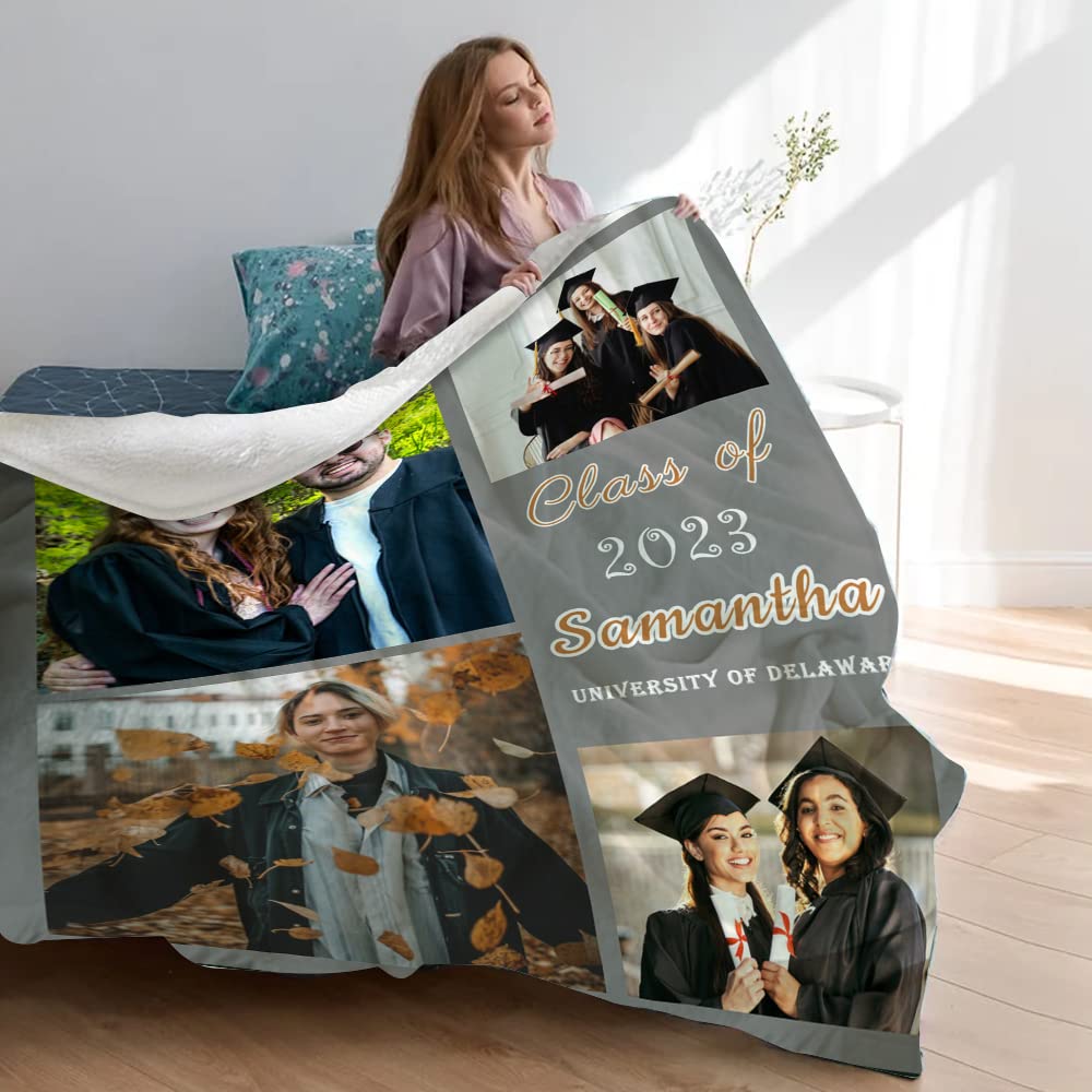 CLKJCAR Coperta personalizzata con collage di foto e testo, coperta di laurea personalizzata regalo per lei/lui 2023, coperta di laurea classe 2023 (5 foto, 150 x 200 cm