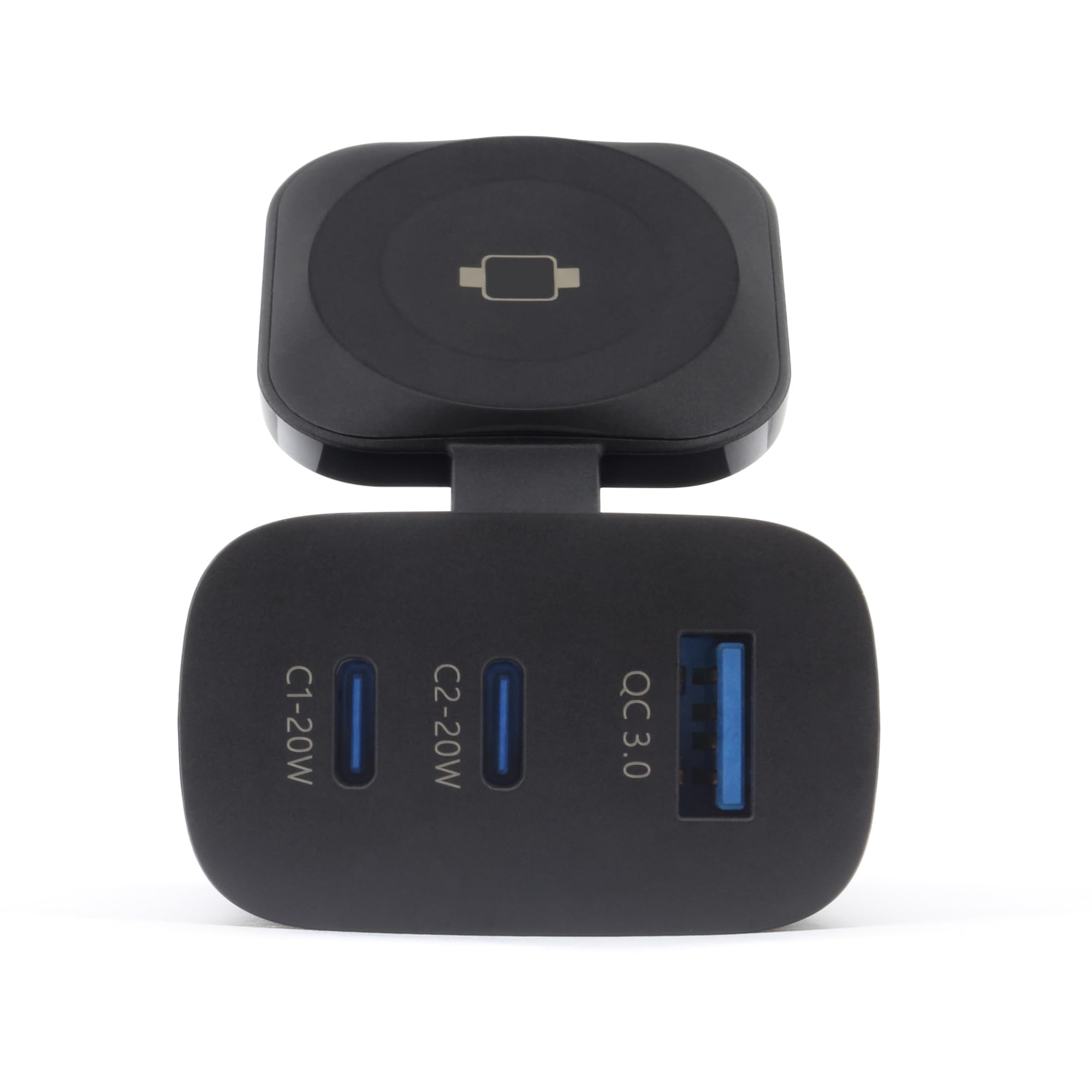 REALPOWER PC-43 Watch ładowarka, 43 W, 2 x USB-C PD 20 W, USB-A QC3.0 18 W, bezprzewodowa 3 W, 47 x 28 x 103 mm, 103 g, 100-240 V, 1,0 A