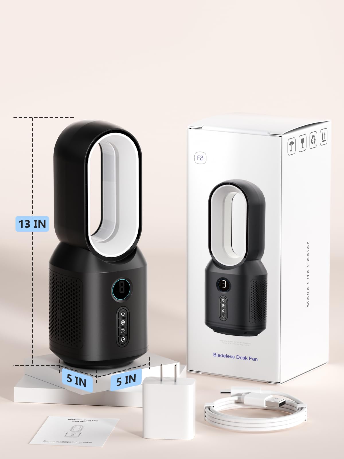 let'me Wentylator biurkowy, mały, bezłopatkowy wentylator stołowy, mały wentylator z 3 prędkościami i lampką nocną, cichy wentylator biurkowy do użytku osobistego, sypialni, biura, szafki nocnej