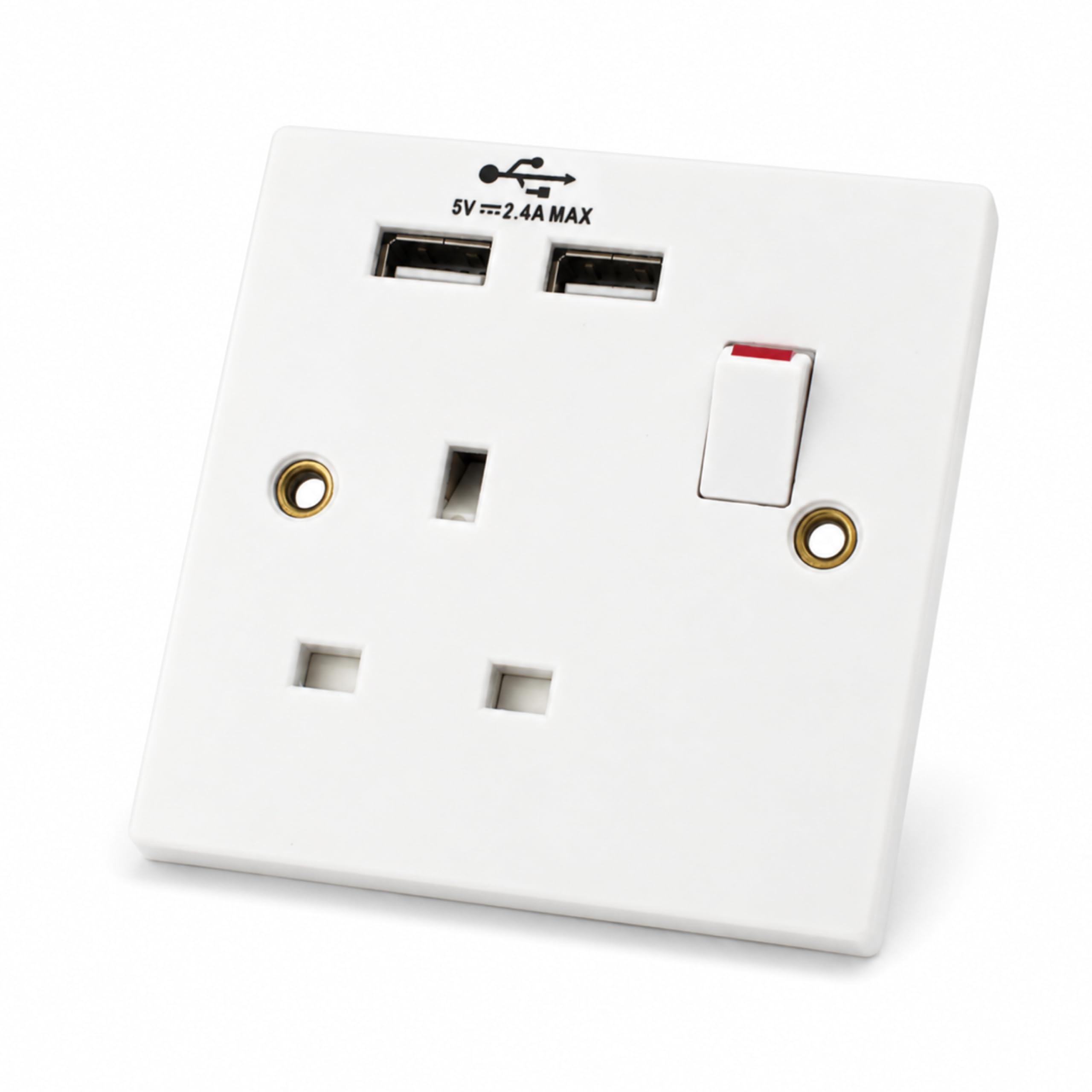 STATUS Plug Socket UK | Single Socket with Double USB Plug | White Plastic | 13A Single Switched Wall Socket | S1G13A2USBSWS4