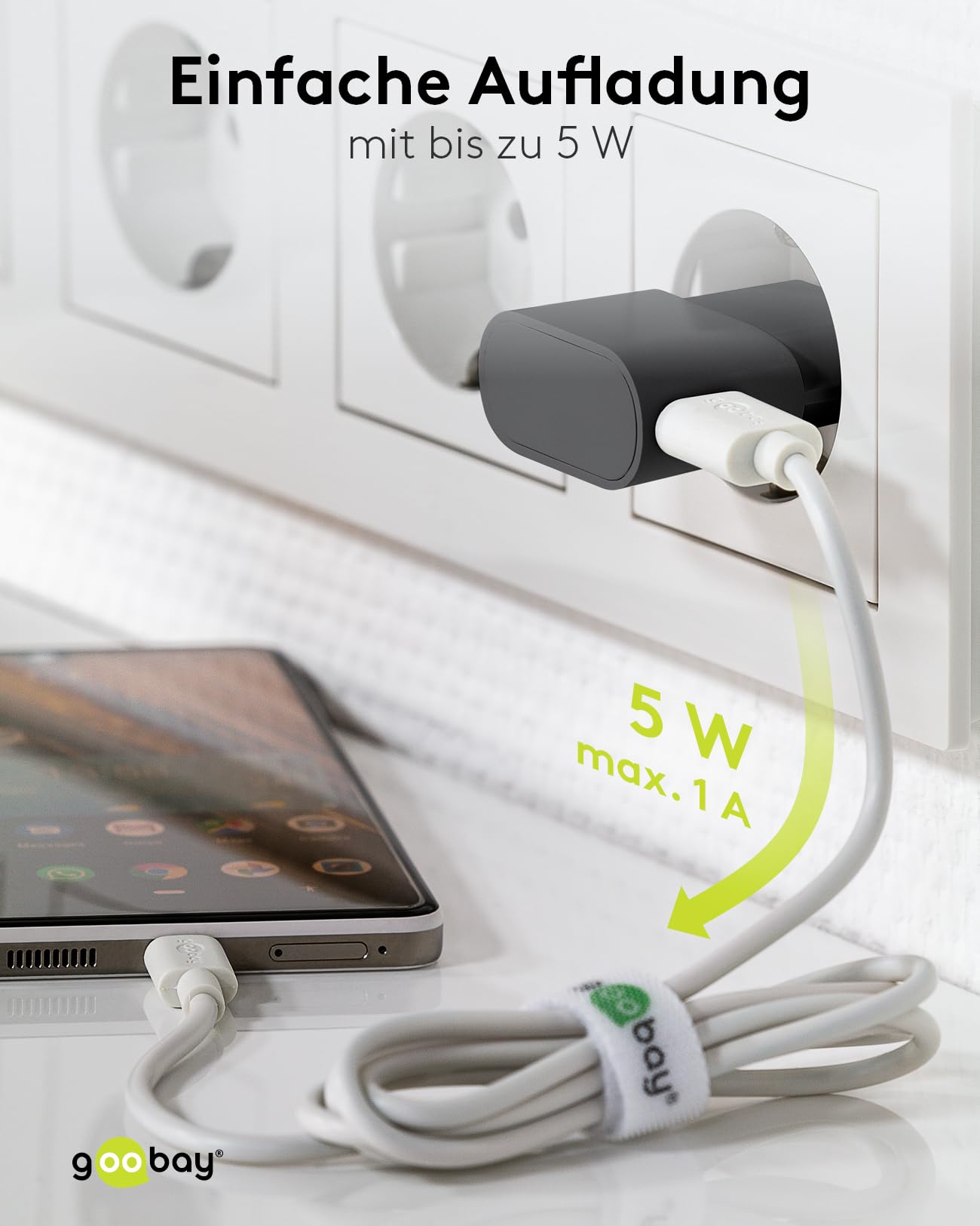 Goobay 44948 Zasilacz USB Adapter Do Gniazdka 1 A (5 W) / Z Bocznym Wejściem / Ładowanie Smartfona / Wtyczka Sieciowa / Biały