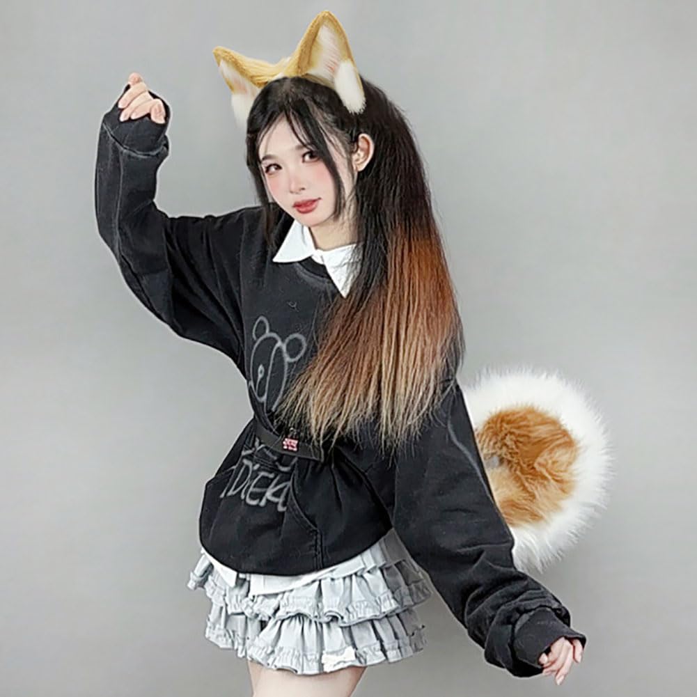 Hundeohren und -schwanz, Cosplay-Set, Tierohren, Stirnband, Schwanz mit abnehmbarem Hüftgurt, für Halloween-Kostümpartys