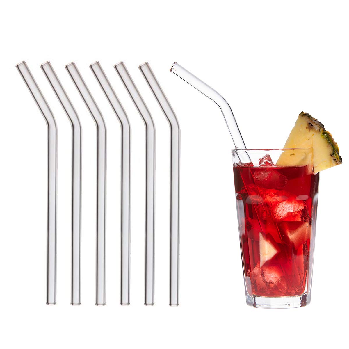 TFA Dostmann GlasWerk Curved Glass Drinking Straw, 14.2018.06, Pack of 6, Dishwasher Safe, for Cocktails, Iced Tea, Soda Coffee, White, L 130 x W 23 x H 245 mm