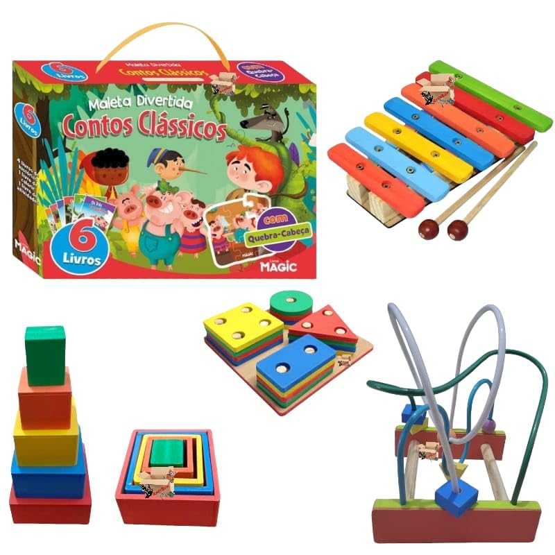 Kit Atividades 5 Brinquedos Pedagógicos Em Madeira + 6 Livros - Primeira Infância TDAH (Kit 5 Maleta Contos)
