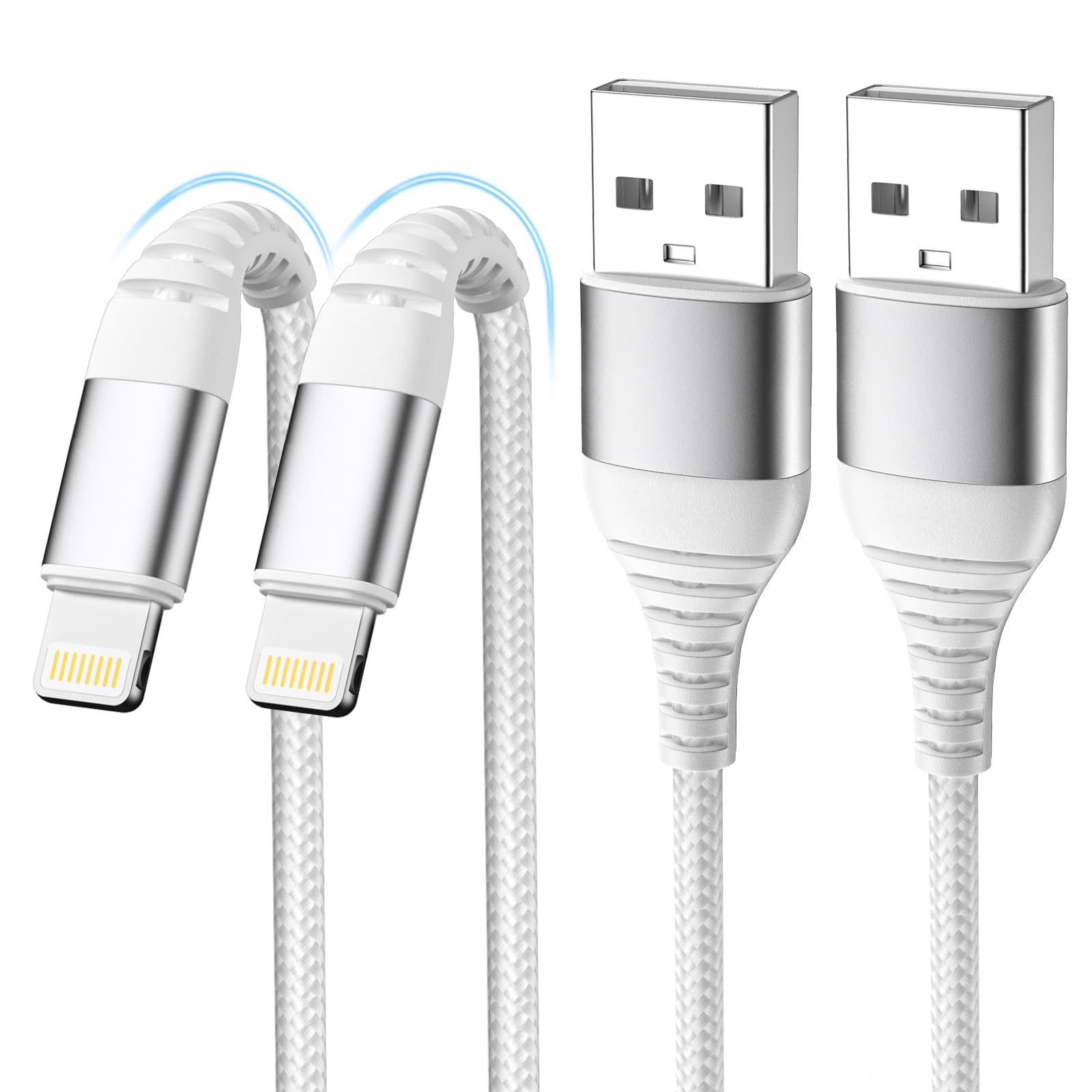 LumFocus iPhone Ladekabel, Lightning Kabel [2Pack 1M+2M] iPhone Schnellladekabel MFi Zertifiziert, Nylon Fast USB Ladekabel für iPhone 14 13 12 11 Pro Max XS Max XR X 8 7 6 6s Plus SE, iPad Air(Weiß)