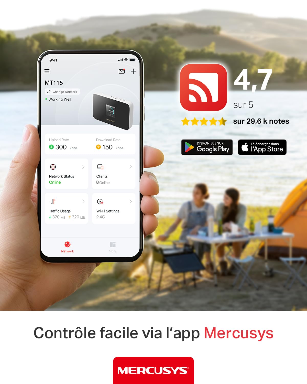TP-Link MT115 Mercusys Hotspot 4G LTE Mobile Wi-Fi MiFi 6 AX300 Jusqu'à 287 MB/s Pocket WiFi Portable Batterie 2400 mAh Écran LCD Déverrouillé