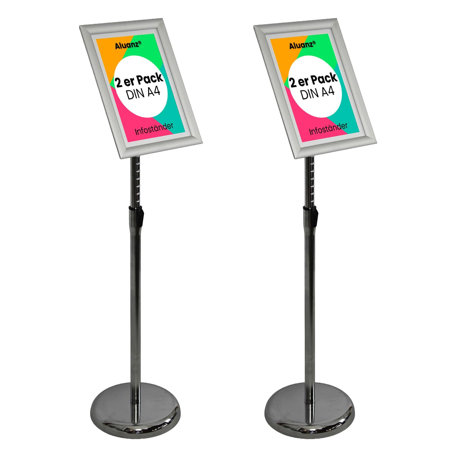 Infoständer Höhenverstellbar, A4, Silber, 2 Stücks | Informationsständer, Bodenständer aus Aluminium, Drehbarer Präsentationsständer, Posterständer, Plakatständer