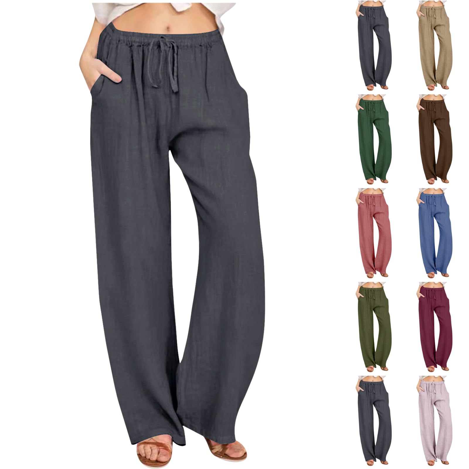 Womens Linen Pants High Waisted Flowy Lounge Palazzo Pants Beach Baggy Straight Leg Cotton Trousers with Pockets