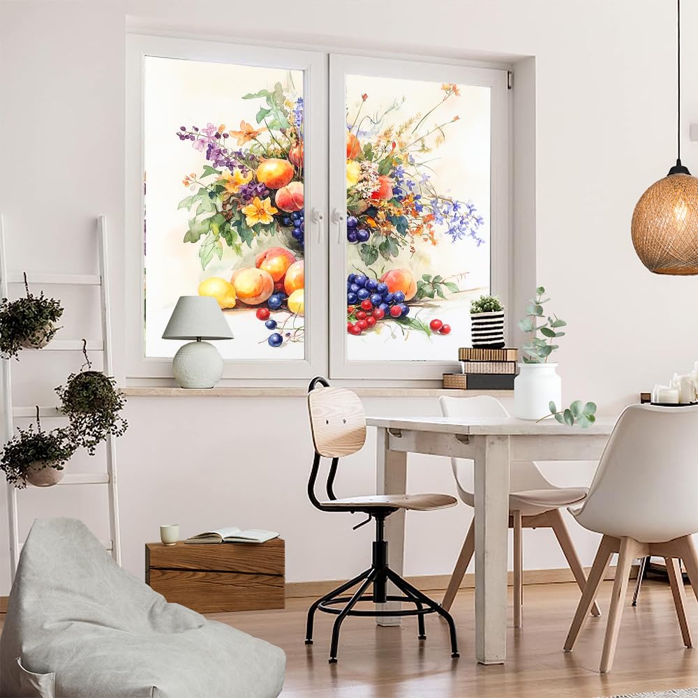Fensterfolie, Motiv: Aquarell, Blumen, Früchte, Buntglas, Bauernhaus, Retro, Frucht, dekorative Milchglas-Sichtschutzfolie, Wärmeregulierung, statische Haftung, Fensteraufkleber, 90 x 140 cm, 2 Stück