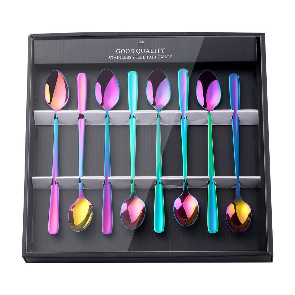 Cucchiai Rainbow Latte Manico lungo, Buyer Star Premium 304 Cucchiai da gelato in acciaio inox per cocktail agitazione, tè, caffè, frappè, bevande fredde
