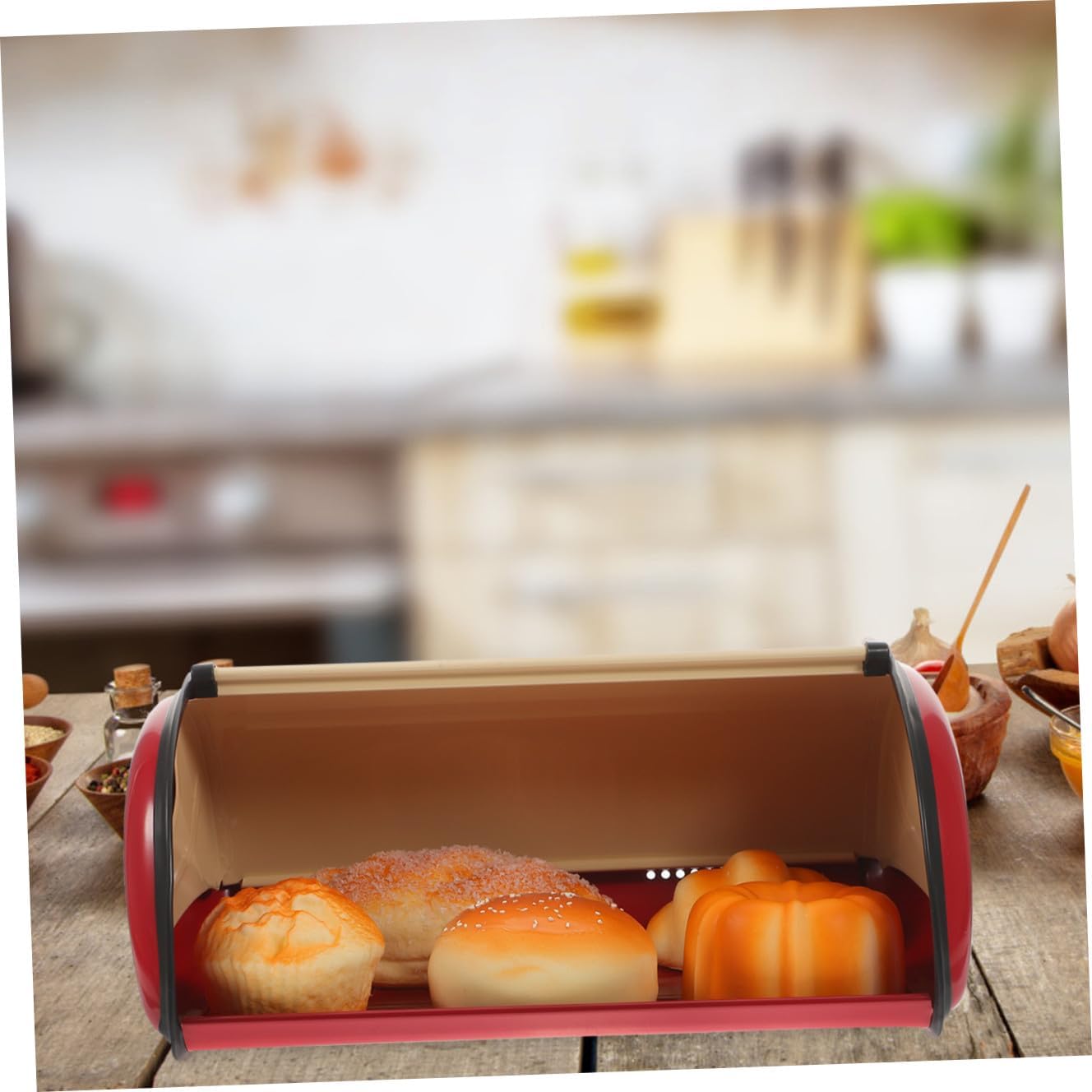 Kitchen Bread Box Bread Storage Container Large Red Drum Shape Food Storage Organizer for Countertop and Restaurant Use